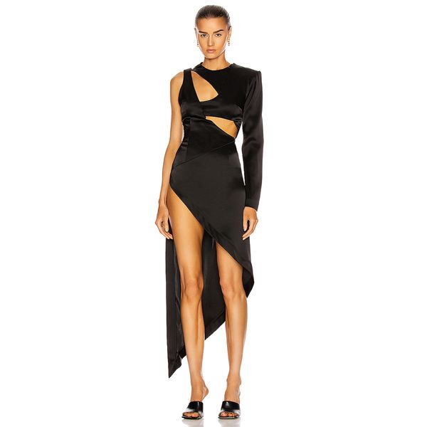 

summer women black one shoulder long sleeve dress hollow out club celebrity evening runway party midi 210423, Black;gray