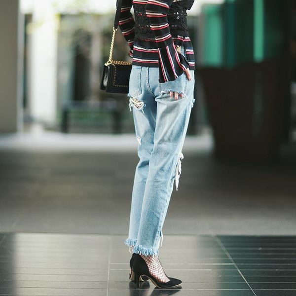 

women's jeans french original irregular hole loose female special counters chen xiaoying seconds kill not refund don't change, Blue