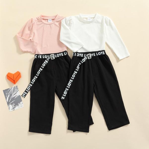 

clothing sets 1-6y toddler baby kid girl clothes set solid pullover letters print waistband trousers outfits children girls costumes, White