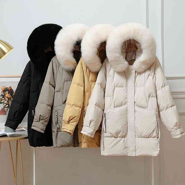 

fitaylor - women's white down et, large windbreaker with natural fur hoodie, short coat, snowsuit, winter 90%, Black