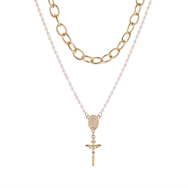 

pendant necklaces l35 autumn and winter metal pearl cross temperament double necklace exaggerated thick chain, Silver