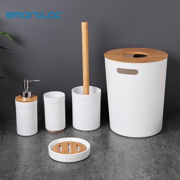 

bath accessory set smartloc 5pcs plastic & bamboo bathroom accessories toothbrush holder toothpaste dispenser soap dish bin toilet
