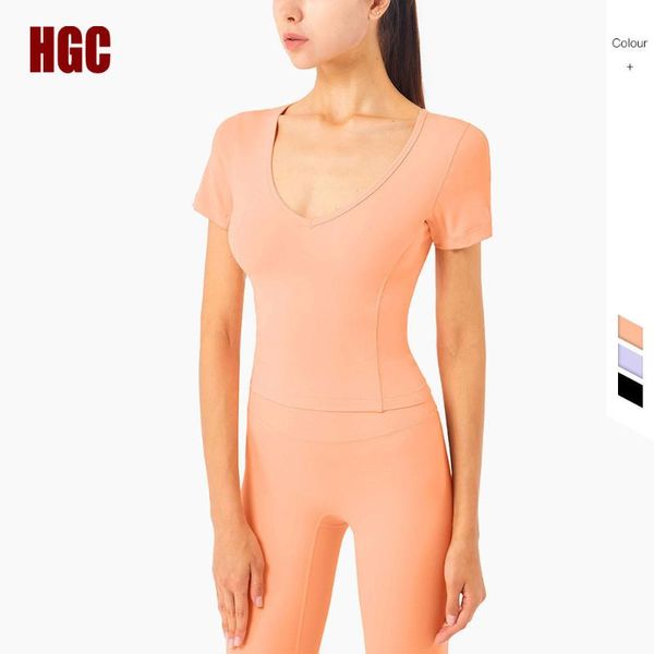 

yoga outfit hgc sports women short sleeve t-shirt girl v-neck slim naked-feel buttery-soft high elastic fitness gym blouse