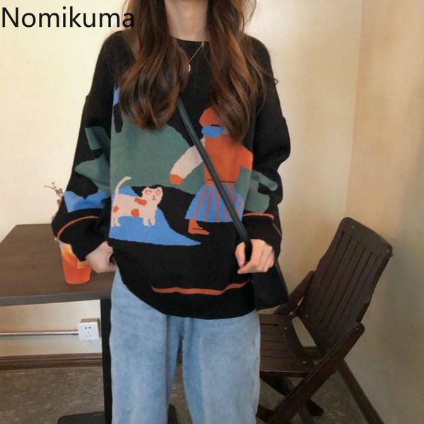 

women's sweaters nomikuma knitted sweater women jacquard o neck long sleeve all-match pullover jumpers casual loose autumn winter cloth, White;black
