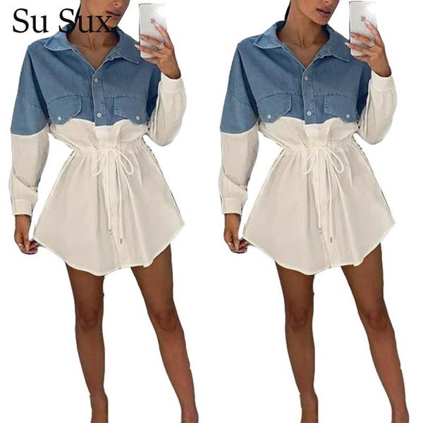 Ethnische Kleidung Lässige Jeans Bluse Kleid Afrikanische Kleidung Plus Größe Hemd Denim Patchwork Umlegekragen Langarm Vestidos