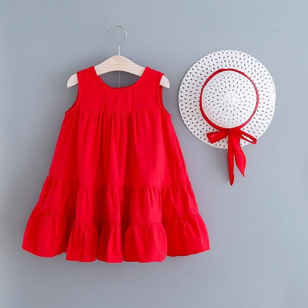 

girl's dresses baby & children's 3-7years kid girls solid color sleeveless dress with straw hat casual loose style summer outfits, Red;yellow