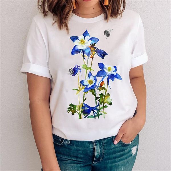 

graphic flower spring clothing womens t shirt trend style printing 90s clothes tees print female, White