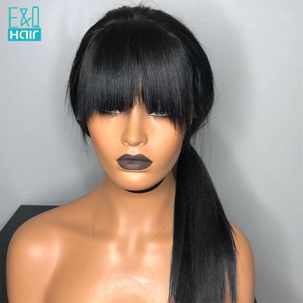

straight human hair wigs with bangs preplucked brazilian remy 13x4 lace front for black women baby 1501, Black;brown