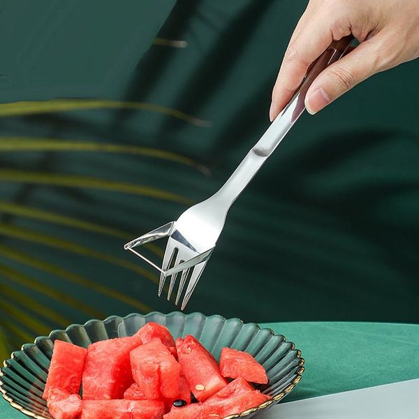 

forks watermelon slicer cut melon tool stainless steel cutter fruit cutting fork spoon kitchen accessories #t1p