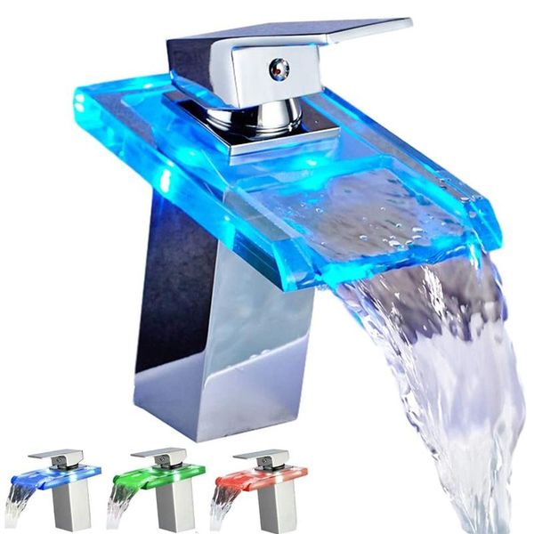 

basin faucet brass waterfall taps for the bathroom temperature discoloration washbasin light sink glass water-tap faucets