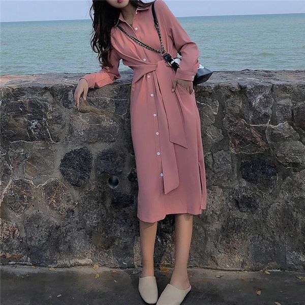 

casual dresses women 2021 spring autumn elegant dress with belt female office lady long sleeve ladies solid color button vestidos w36, Black;gray