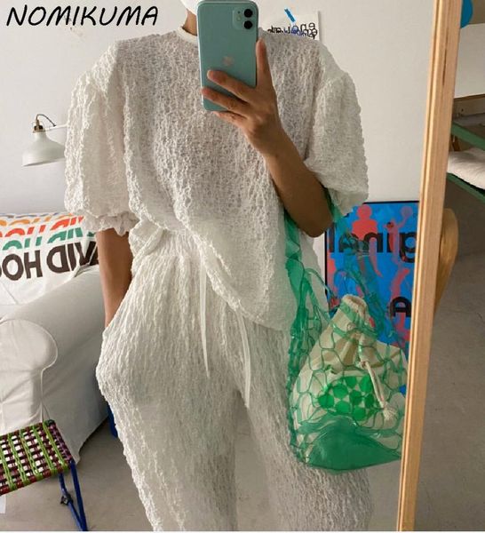 

women's two piece pants nomikuma woman pant sets causal o-neck puff sleeve + lace up waist harem korean pieces outfits 2021 6k404, White
