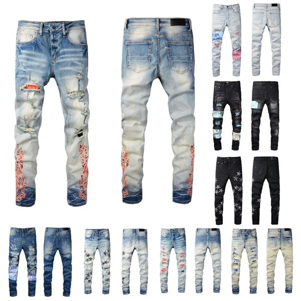 

mens jeans hole patch printing distressed motorcycle biker jean rock skinny slim ripped knee zipper denim pants, Blue