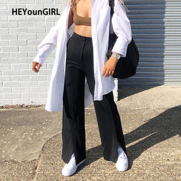 

women's pants & capris jryyt casual split black long trousers ladies elastic high waist elegant skinny straight sweatpants streetwear, Black;white