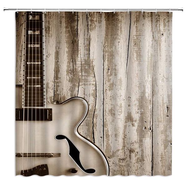 

music shower curtain retro monochrome background wood board guitar music material,70x70 inch polyester fabric bathroom