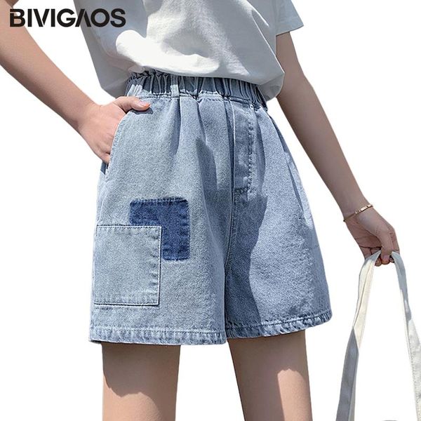 

wide leg denim shorts women summer 2021 hit color blue patch personalized casual jeans larg size loose short women's, White;black