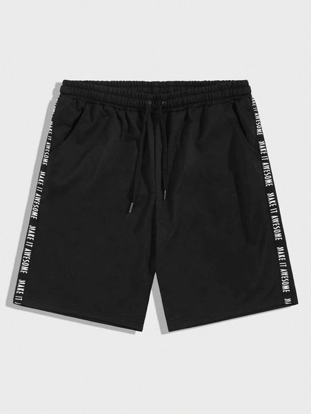 

men letter tape drawstring waist shorts l29w#, Black