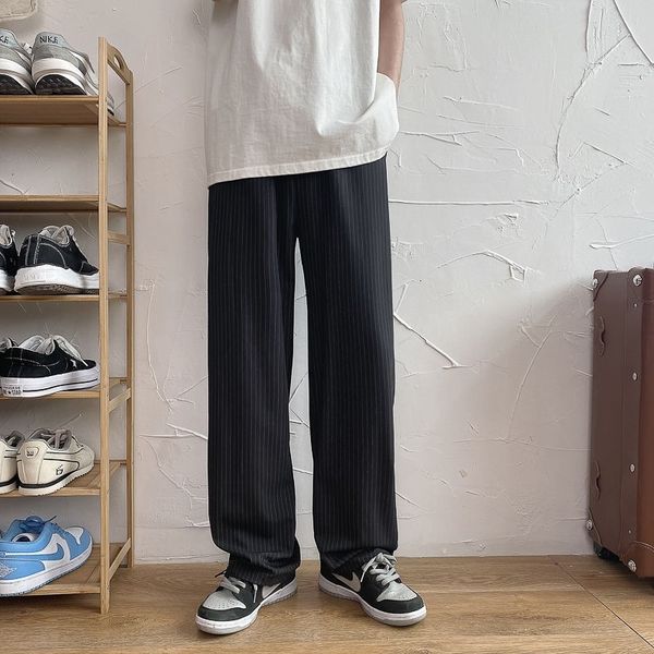 

men's pants summer striped suit fashion society mens dress korean loose straight wide-leg men trousers m-2xl zwxg, Black