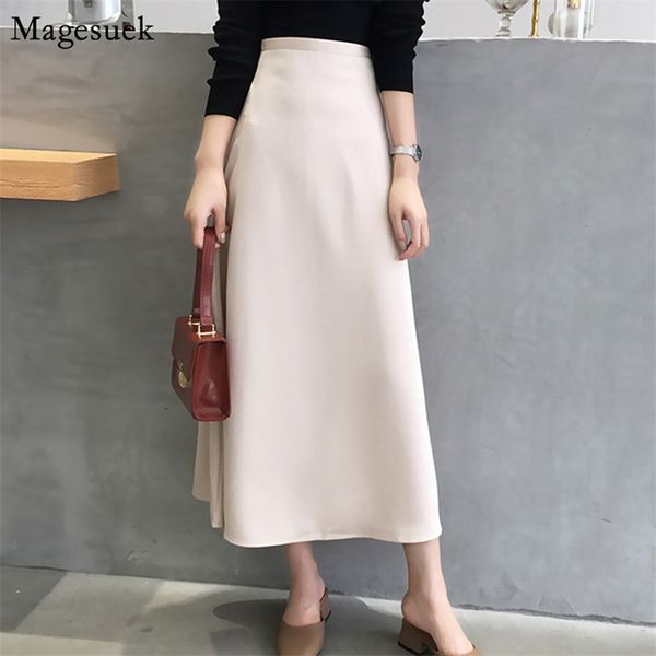 

casual solid satin silk women's skirt spring summer long s for zipper a-line high waist faldas 13219 210512, Black