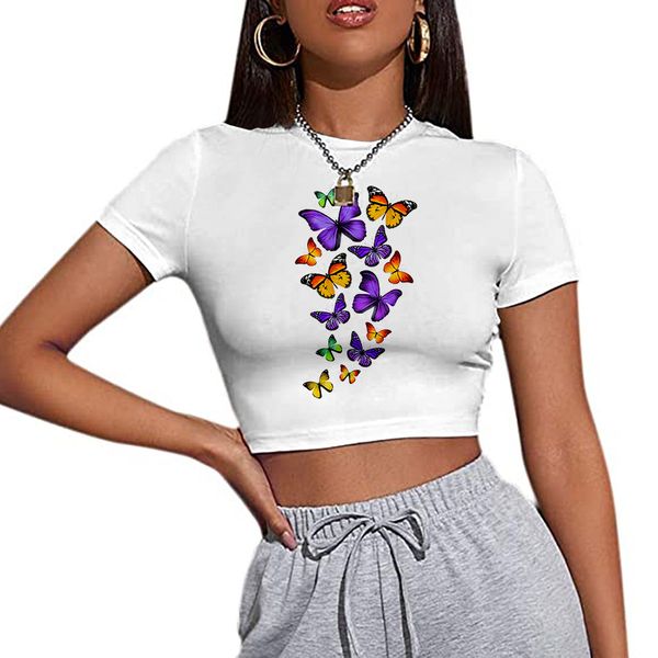

fashion t shirt slim fit short sleeve navel creative color butterfly 3d1 digital printing women's, White