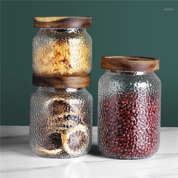 

300/500/800ml wooden lid hammered glass airtight jar storage container noodle box multigrain transparent bottles & jars