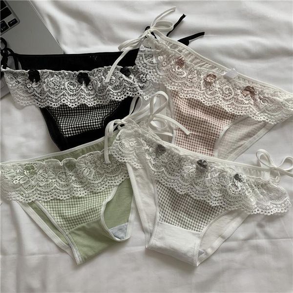 

women's panties lace-up briefs comfortable elastic plaid cotton sweet, Black;pink