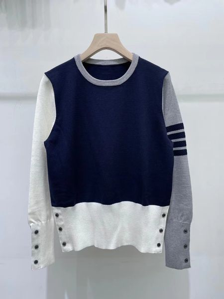 

70% off 2021 autumn new tb round neck fashion color blocking four bar stripe knitted long sleeve sweater bottomed out for women, White;black