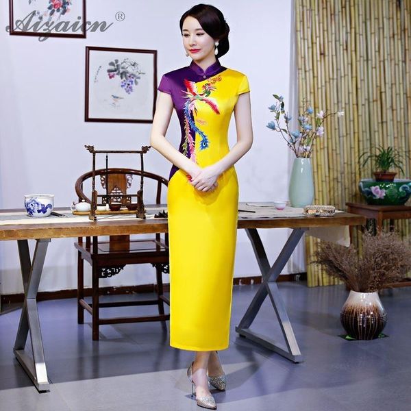 

long yellow cheongsam women traditional chinese wedding gown modern oriental evening dress china qipao asian style dresses ethnic clothing, Red