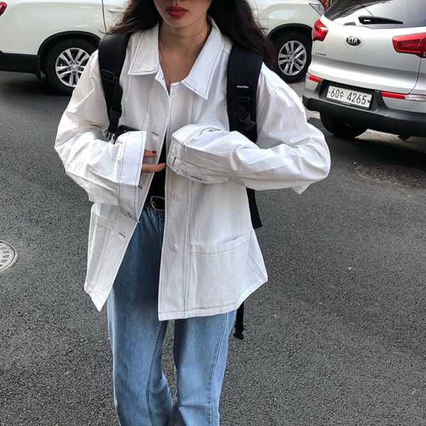

2 colors femme womens autumn korean bf style loose pocket long sleeve shirt women blouses outwear coats (f3817), White