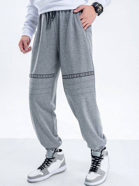 

men contrast geo tape seam detail drawstring waist sweatpants r08m#, Black