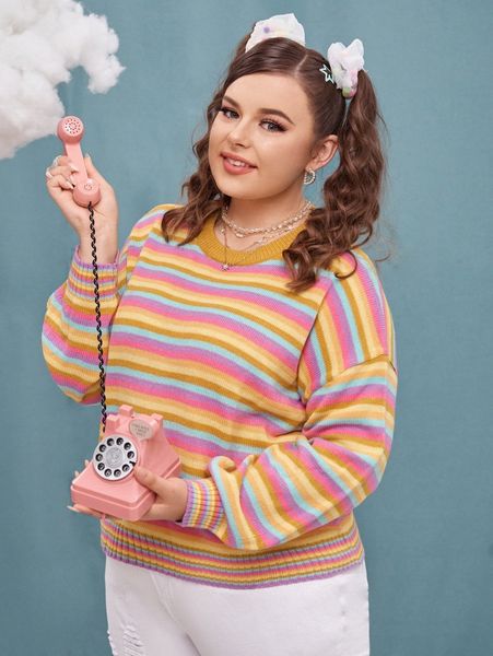 

plus rainbow striped pattern drop shoulder sweater 90fq#, Black