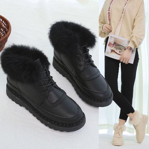 

boots winter women snow ladies shoes female footwear fashion sewing pu leather plush warm lace up comfort woman ankle, Black