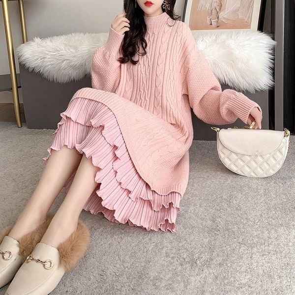 

casual dresses autumn winter ladies long sleeve sweater ruffle dress mid-length 2021 style women's knitted base loose jumper, Black;gray