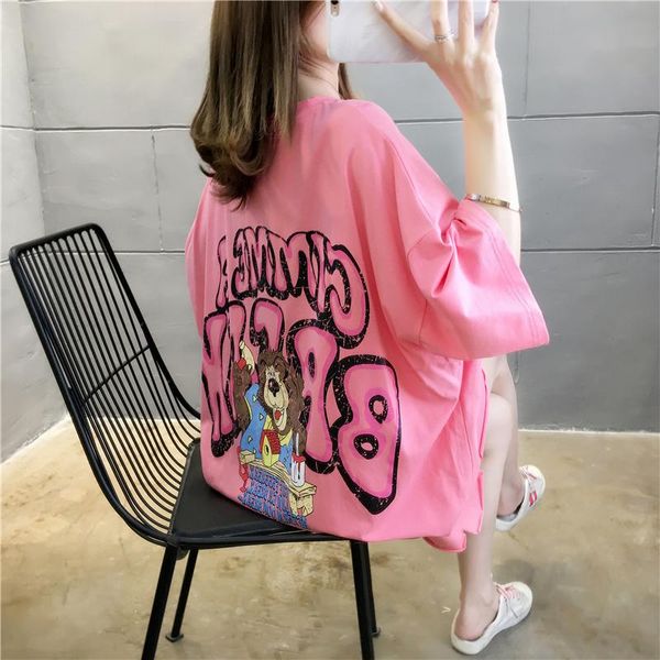 

summer cotton printed short-sleeved t-shirt women's loose mid-length round neck tide, White