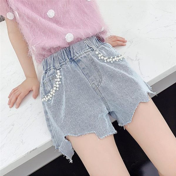 

vintage ripped fringe pearl denim shorts for girls summer kids tassel jean blue color casual short pants teens, Black