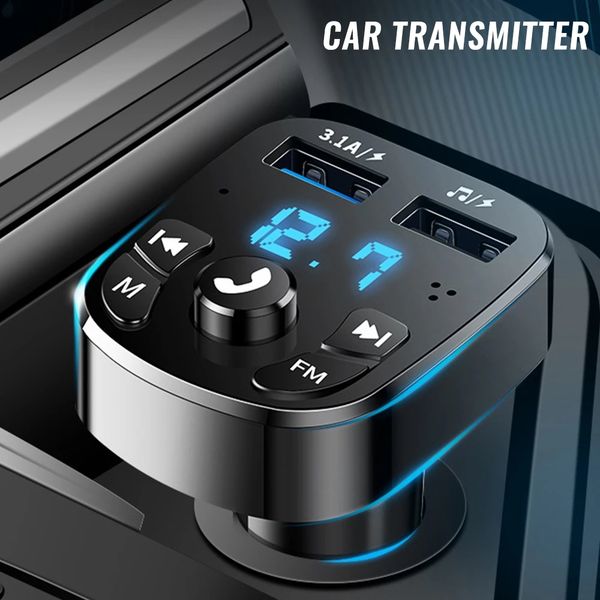 

cell phone fm transmitters bluetooth version 5.0 player kit card car charger quick with qc3.0 dual usb voltmeter & aux in/out dc 12/24v