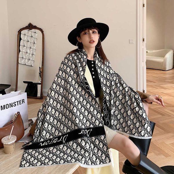 

scarf 2021 imitation cashmere shawl d letter thickened warm women's double-sided jacquard scarf, Blue;gray