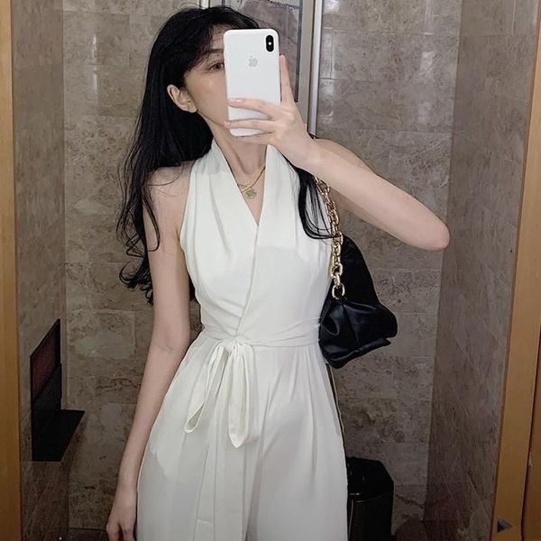 

women's jumpsuits & rompers 2021 fashion backless women jumpsuit with belt sleeveless summer casual v-neck solid female pants, Black;white