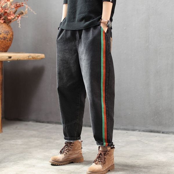 

jean spring autumn korea fashion women elastic waist loose vintage black jeans side stripe casual cotton denim harem pants m226 13i5, Blue
