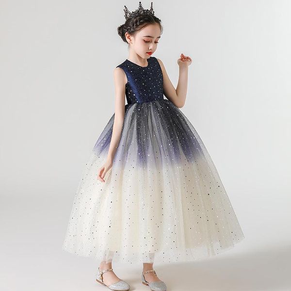 

girl's dresses flower girls illusion sleeveless sequined tulle lace o-neck floor-length luxury elegant kids party princess gown f557, Red;yellow