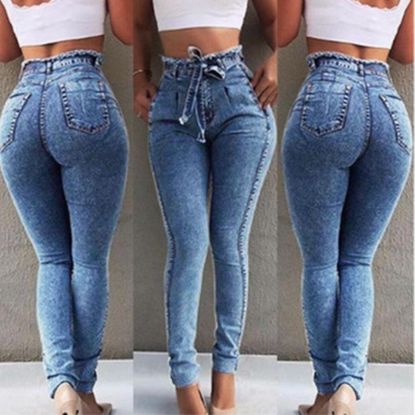 

women's jeans women tight denim solid color bandage high waist slim elastic casual long pencil pants, Blue