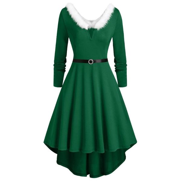 

casual dresses year christmas dress women xmas santa costume long sleeve v collar vestidos fashion plush warm party red, Black;gray