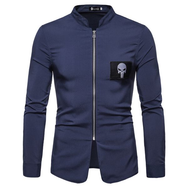 

men's shirts caual kull embroidery zipper jaet lapel long leeve, White;black