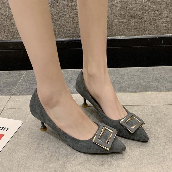 

dress shoes flock shallow pumps women metal buckle pointed toe high heels office lady stiletto black gray zapatos mujer