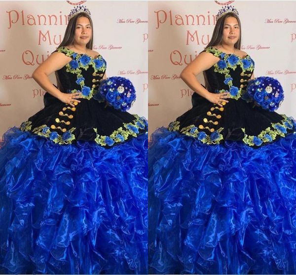 

vinatge velvet plus size quinceanera dresses ball gowns ruffle floral embroidered applique organza lace-up sweet 16 dress prom, Blue;red