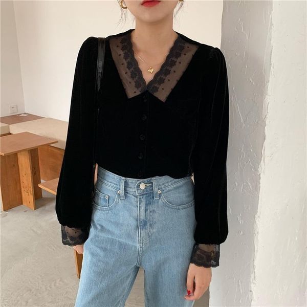 

women's t-shirt long sleeve bottom tshirt korean style 2021 fall winter vintage v-neck stitching lace velvet black spring elegant t-sh, White