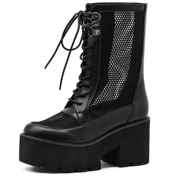 

boots gigifox brand fashion gothic style woman shoes mesh lace up breathable chunky heels motorcycles summer, Black