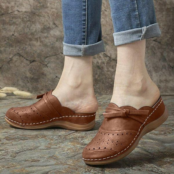 

slippers 2021 women's summer casual female wedges shoes retro solid color non-slip hollow bowknot comfort closed toe footwear, Black