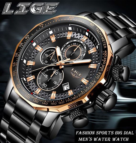 

wristwatches lige 9902 sport chronograph mens watches stainless steel quartz clock waterproof big dial casual male, Slivery;brown