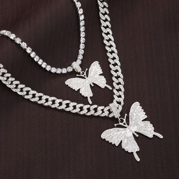 

pendant necklaces statment big two piece butterfly necklace halloween shiny cuban link crystal mens women's neck chain jewelry accessor, Silver